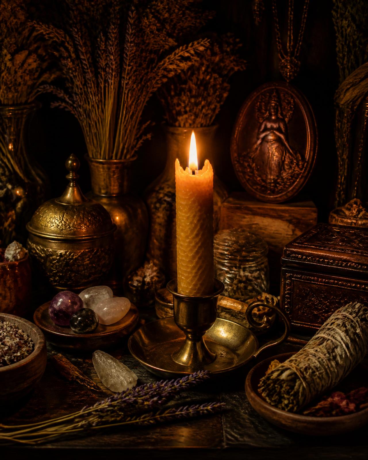 Vela acesa em altar com ervas e objetos rituais