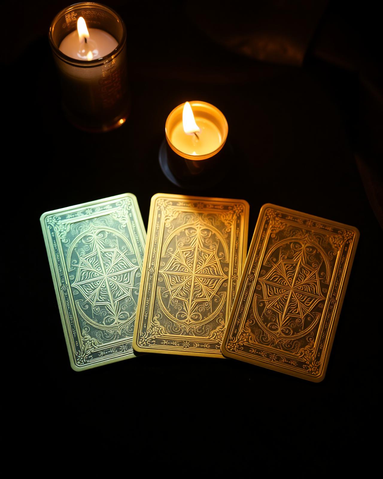 Cartas de tarot dispostas sobre veludo escuro com velas acesas